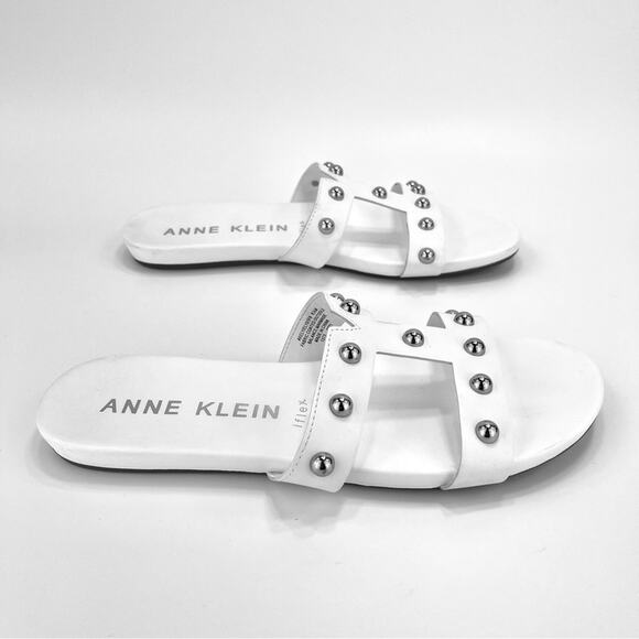 Anne Klein Iflex Ely Flat Slide Sandal Size 8.5 White Faux Leather Cushioned - Picture 2 of 16